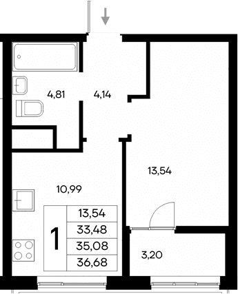 1-комн., 33.48 м²