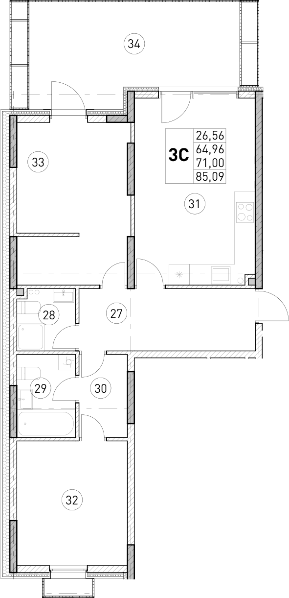 3-комн., 64.96 м²