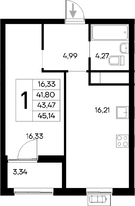 1-комн., 41.8 м²