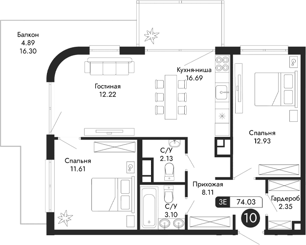 3-комн., 69.14 м²