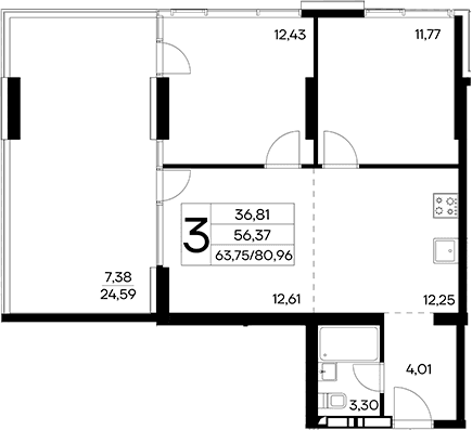3-комн., 73.58 м²