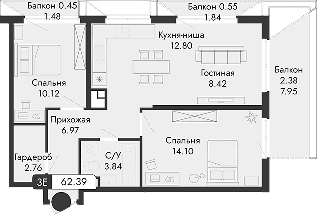 3-комн., 59.01 м²