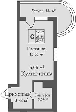 Студия, 23.84 м²