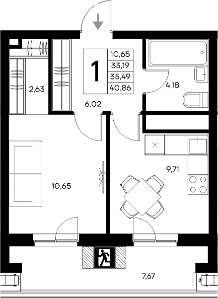 1-комн., 33.19 м²