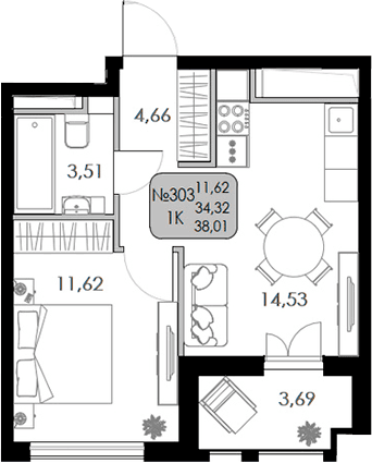 1-комн., 34.32 м²