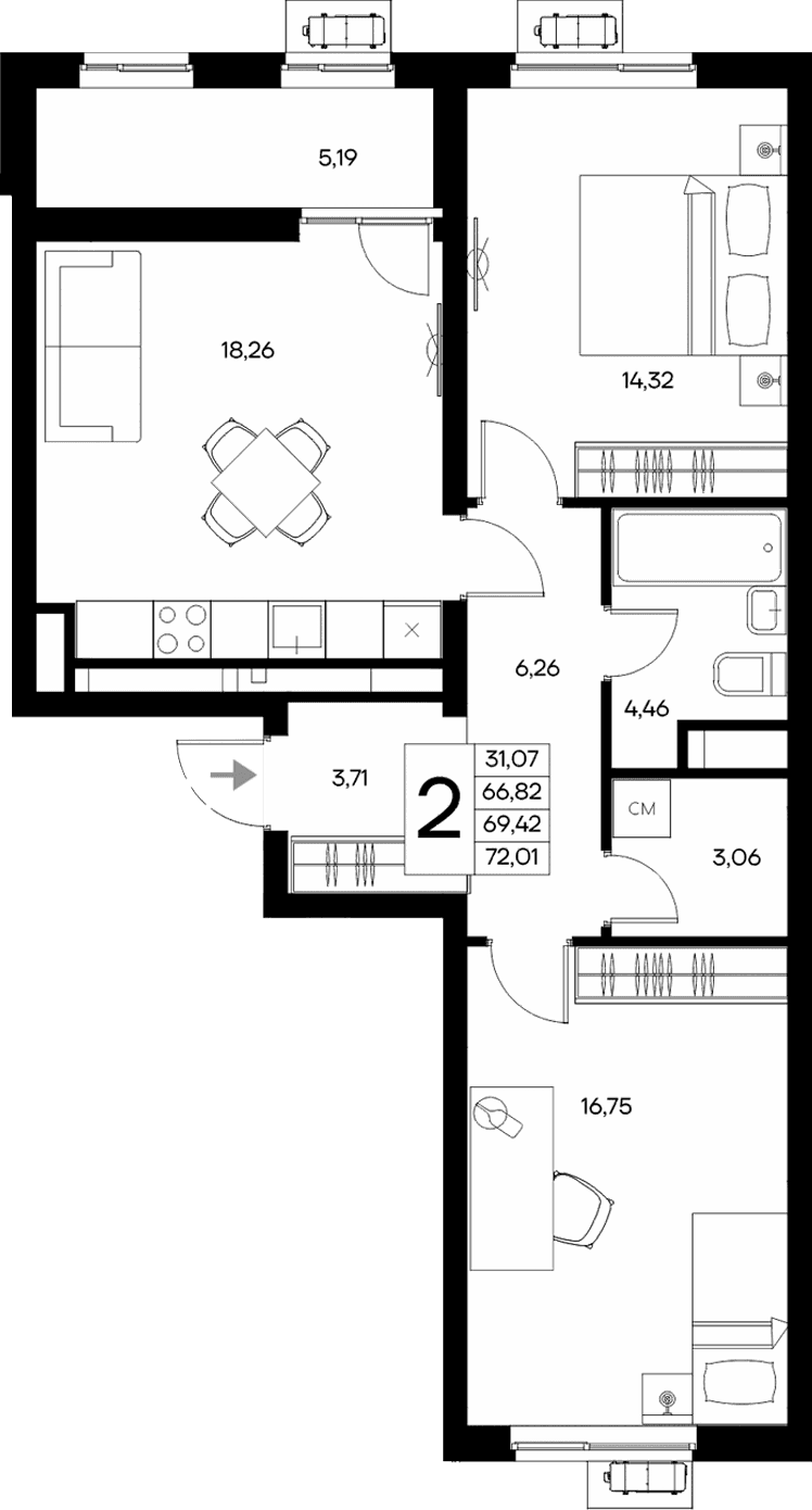 2-комн., 66.82 м²
