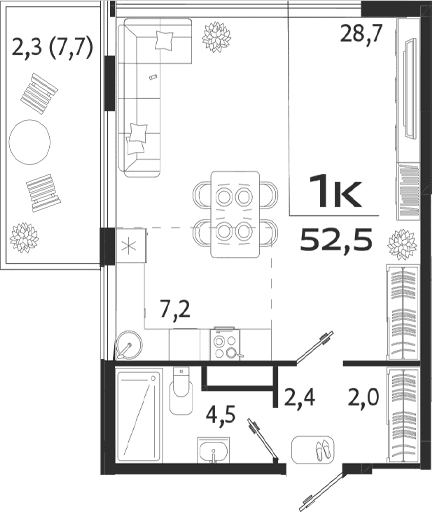 Студия, 44.8 м²