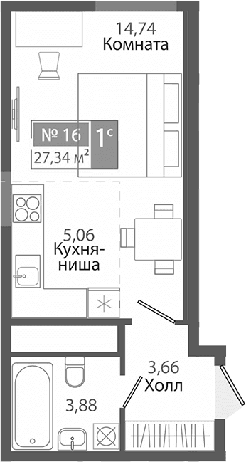 Студия, 27.34 м²