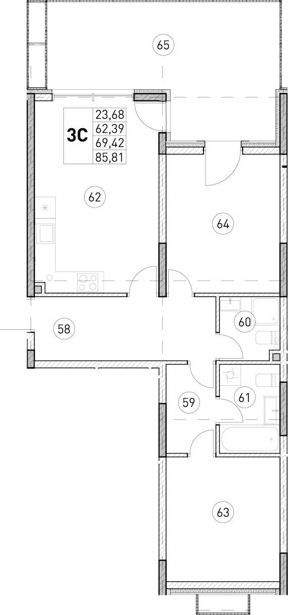 2-комн., 62.39 м²