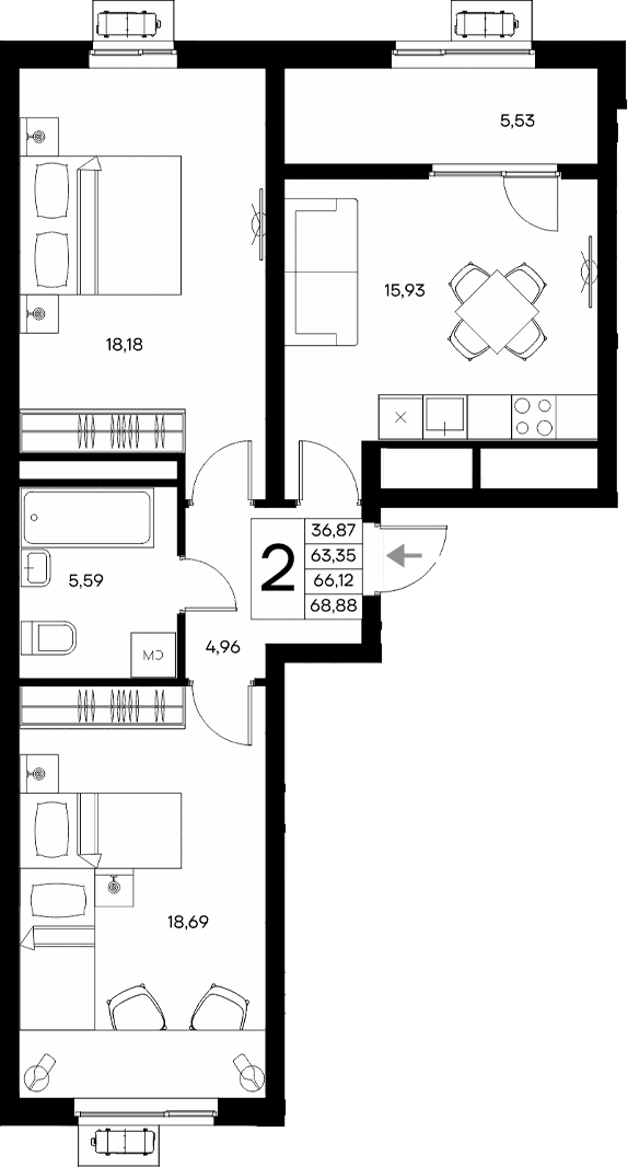 2-комн., 63.35 м²