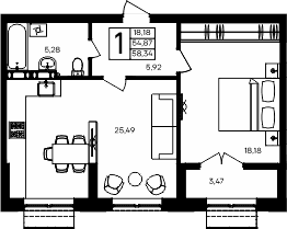 1-комн., 54.87 м²