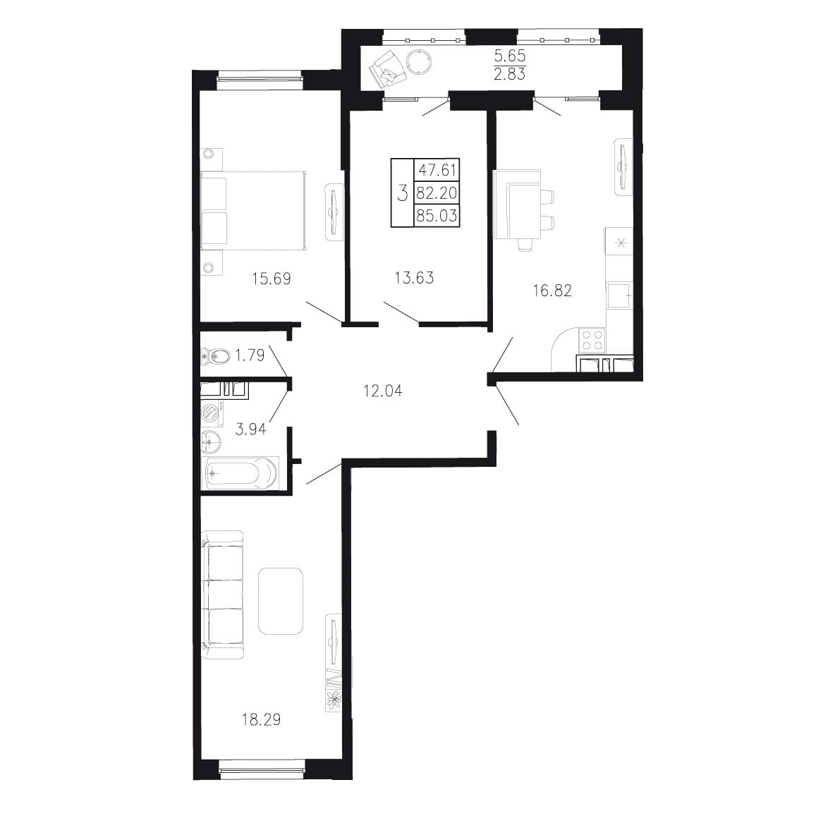 3-комн., 82.2 м²