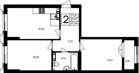 2-комн., 57.49 м²