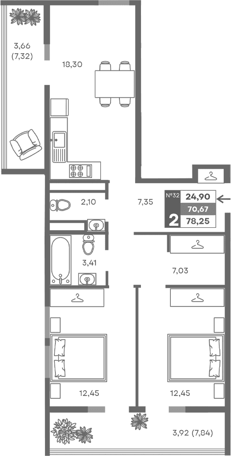 2-комн., 63.09 м²