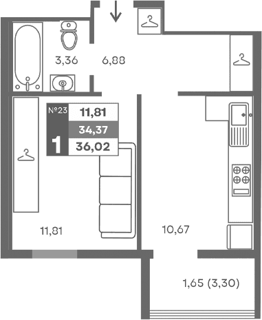 1-комн., 32.72 м²