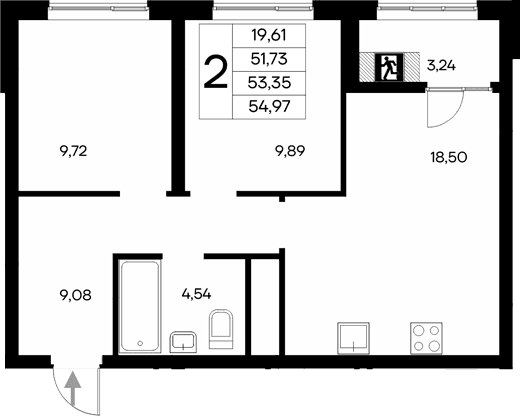 2-комн., 51.73 м²