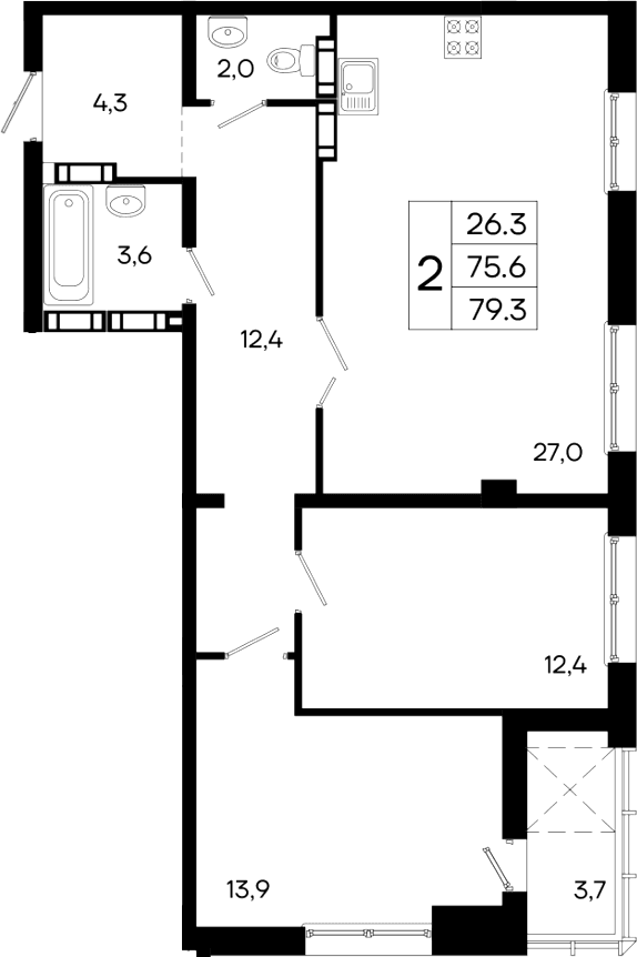 2-комн., 75.6 м²