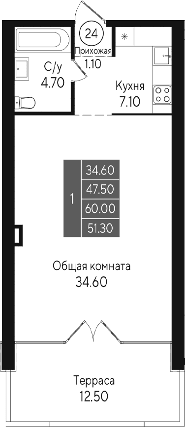 Студия, 47.5 м²