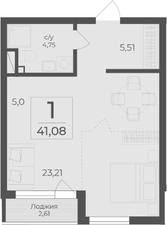 Студия, 38.47 м²
