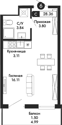 Студия, 26.86 м²
