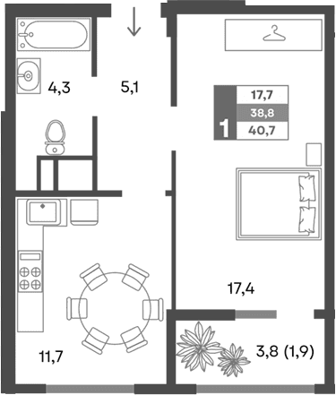1-комн., 38.8 м²