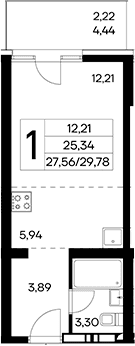 Студия, 27.56 м²