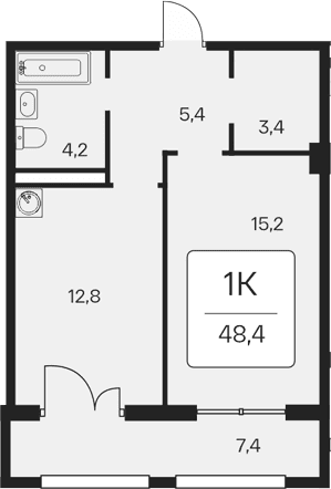 1-комн., 41 м²
