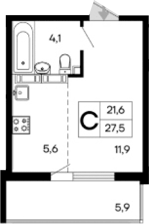 Студия, 21.6 м²