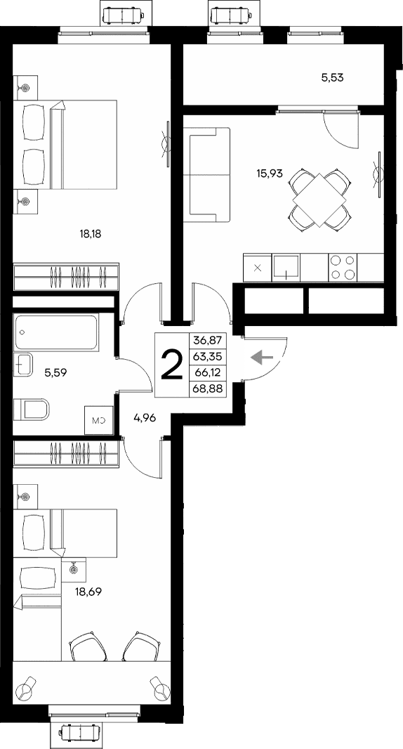 2-комн., 63.35 м²