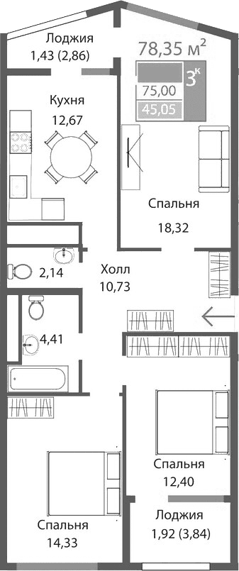3-комн., 75 м²