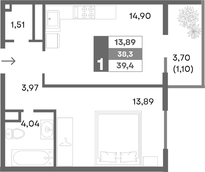 1-комн., 38.31 м²