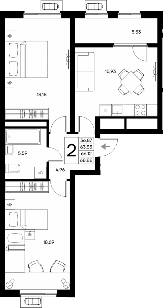 2-комн., 63.35 м²