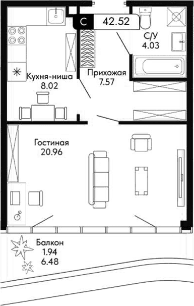 Студия, 40.58 м²