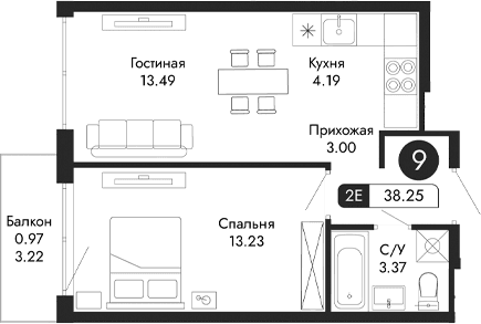 2-комн., 37.28 м²