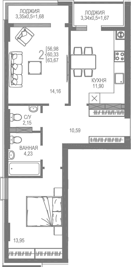 2-комн., 56.98 м²