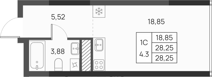 Студия, 28.25 м²