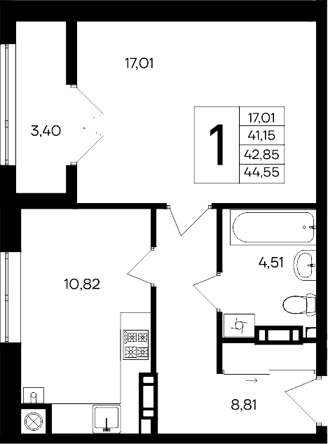 1-комн., 41.15 м²