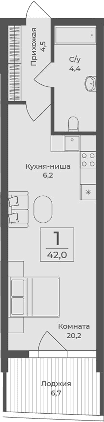 Студия, 35.3 м²