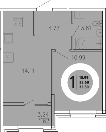 1-комн., 33.68 м²