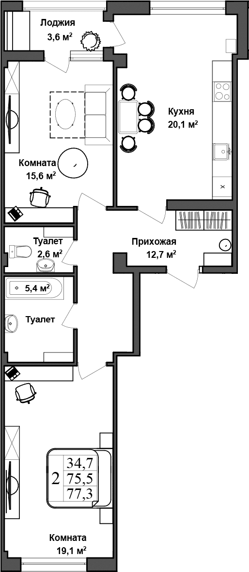 3-комн., 75.5 м²
