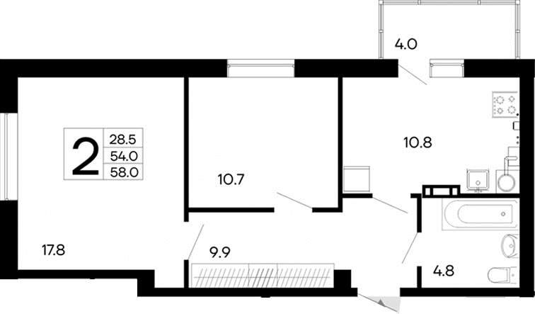 2-комн., 54 м²