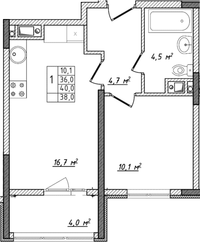 2-комн., 36 м²