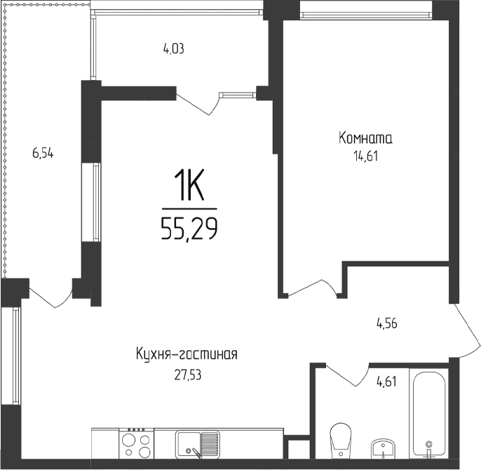 1-комн., 51.37 м²