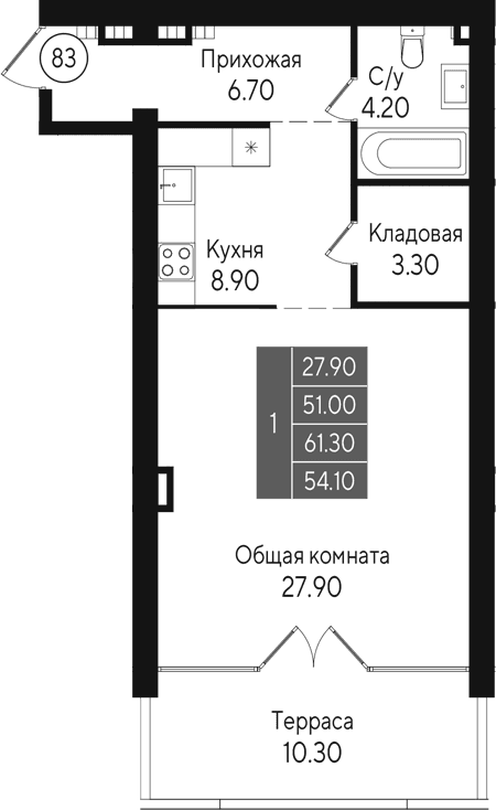 Студия, 51 м²