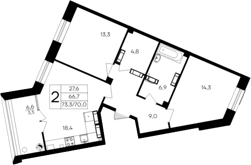 2-комн., 70 м²