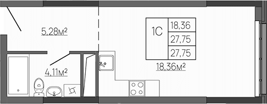 Студия, 27.75 м²