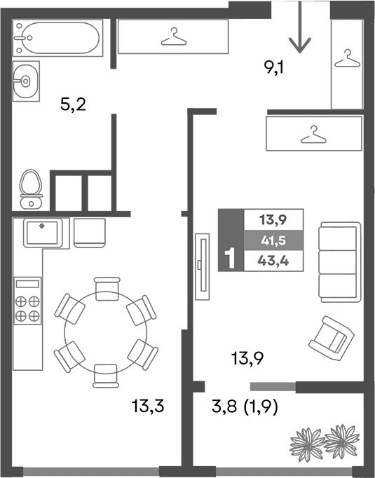 2-комн., 41.5 м²