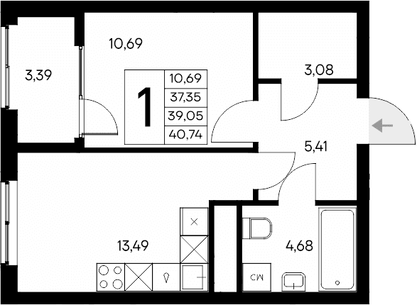 1-комн., 37.35 м²