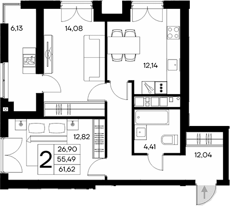 2-комн., 55.49 м²