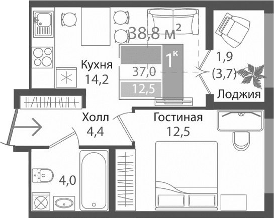 2-комн., 35.1 м²